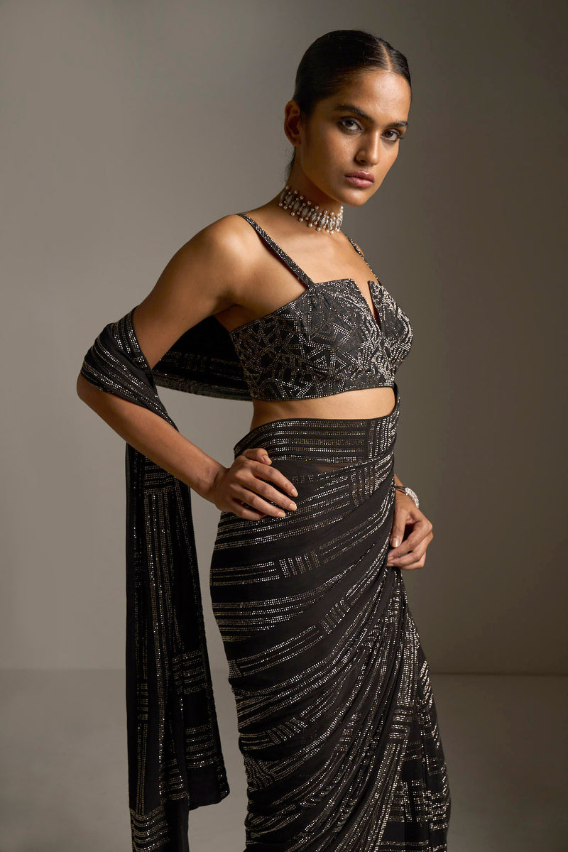 Black Crystal Saree by Seema Gujral - Lotus Bloom Canada