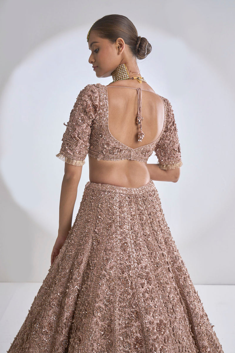 Rose Gold Three-Dimensional Lehenga Set by Seema Gujral - Lotus Bloom Canada