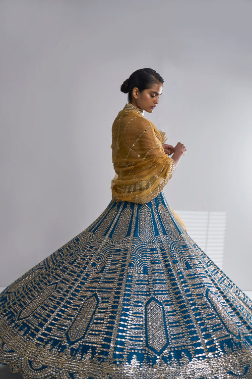 Three-Coloured Mirror Work Lehenga Set