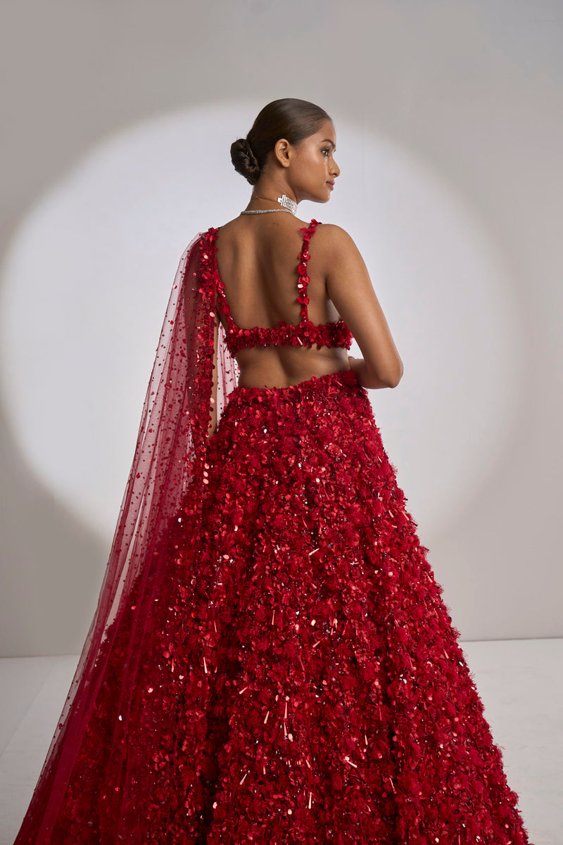 Red Three-Dimensional Lehenga Set by Seema Gujral - Lotus Bloom Canada