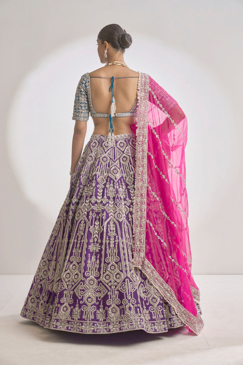 Multi-Coloured Silver Zardosi Lehenga Set by Seema Gujral - Lotus Bloom Canada