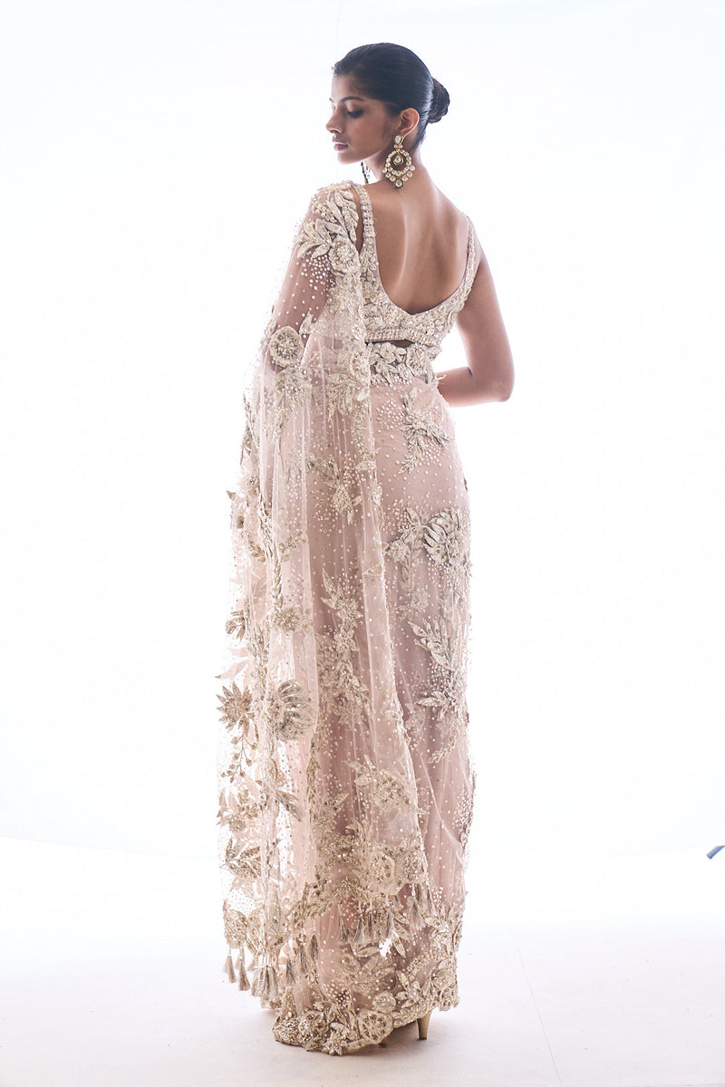 Nude Three-Dimensional Saree by Seema Gujral - Lotus Bloom Canada