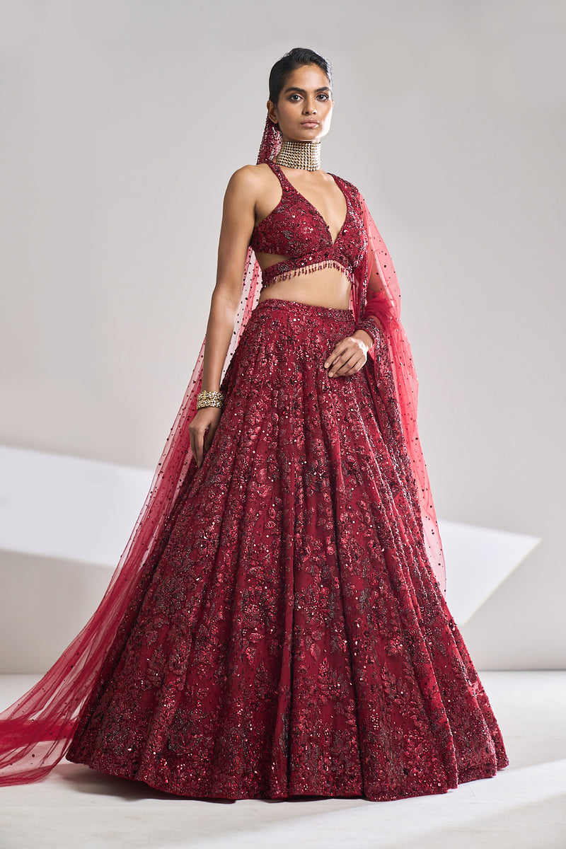 Maroon Sequin Lehenga Set by Seema Gujral - Lotus Bloom Canada