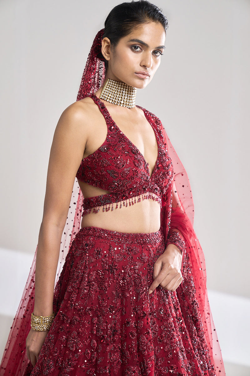 Maroon Sequin Lehenga Set by Seema Gujral - Lotus Bloom Canada