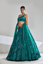 Teal Sequin Lehenga Set by Seema Gujral at Lotus Bloom