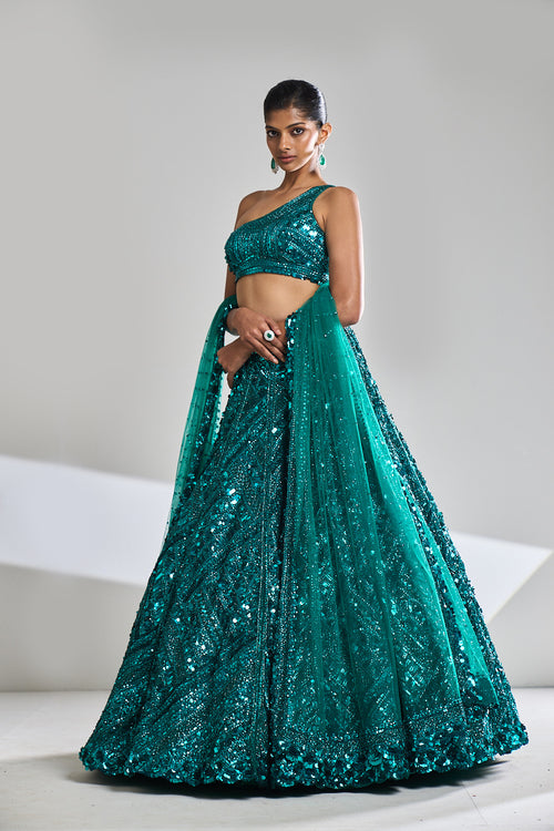 Teal Sequin Lehenga Set by Seema Gujral at Lotus Bloom