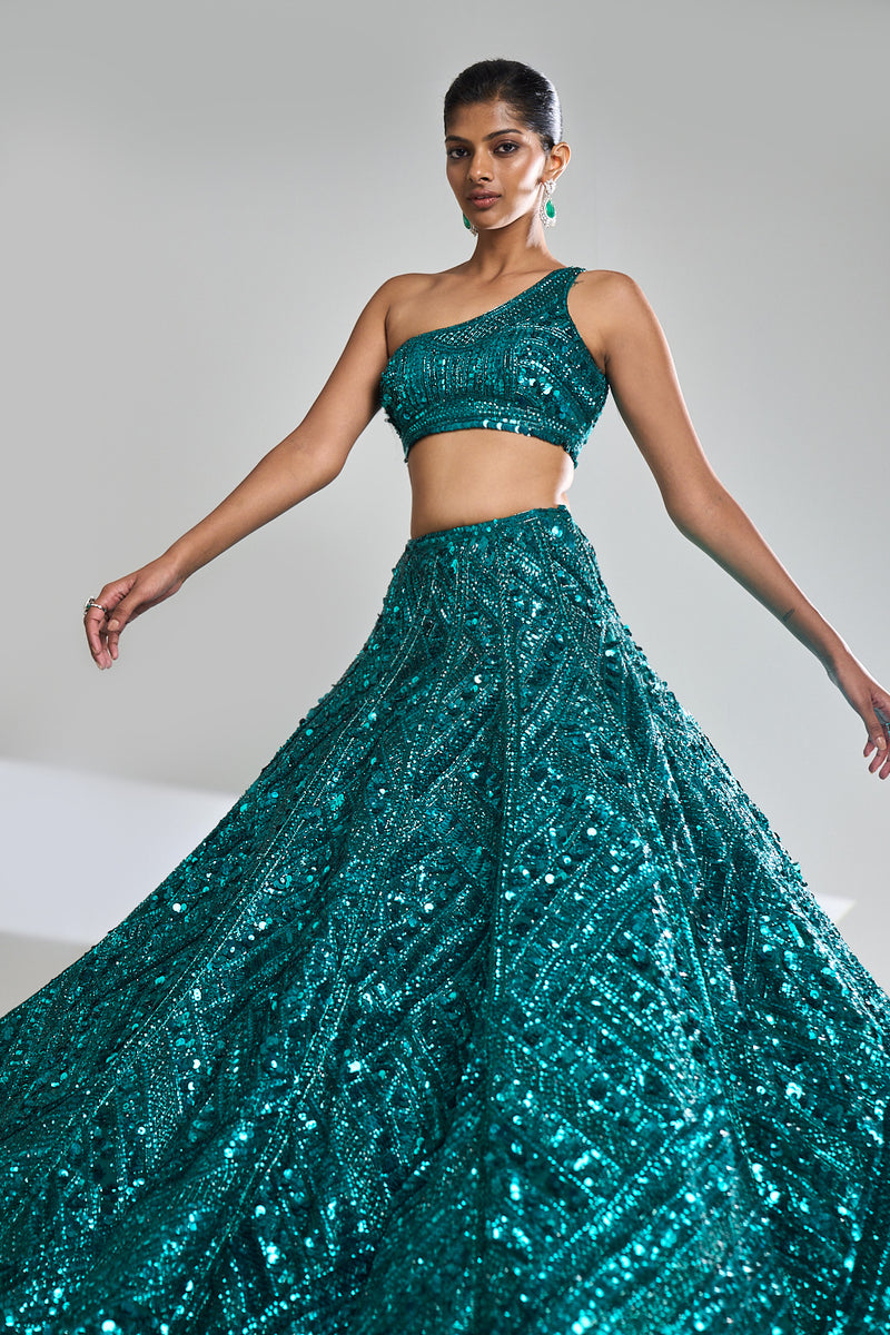 Teal Sequin Lehenga Set by Seema Gujral at Lotus Bloom