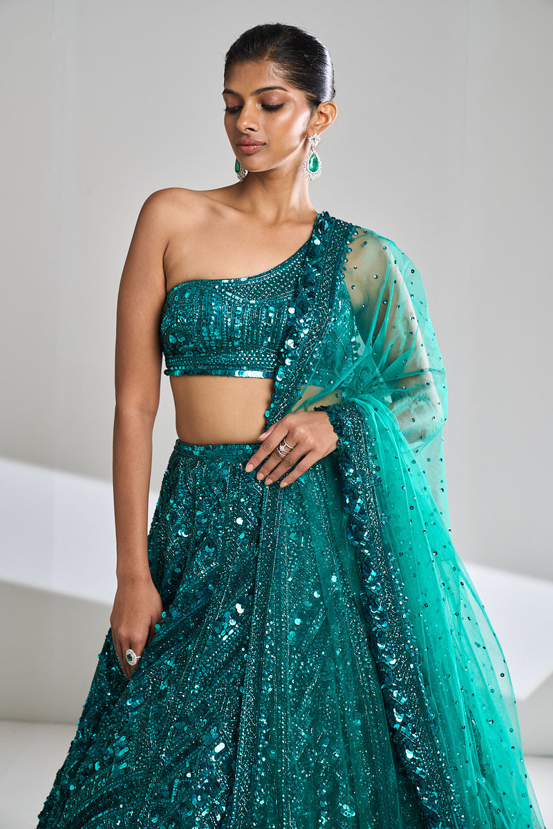 Teal Sequin Lehenga Set by Seema Gujral at Lotus Bloom