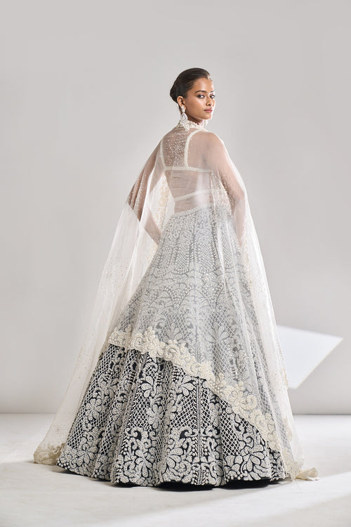 Black & White Pearl Lehenga Set by Seema Gujral - Lotus Bloom Canada