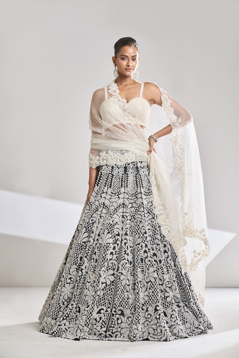 Black & White Pearl Lehenga Set by Seema Gujral - Lotus Bloom Canada