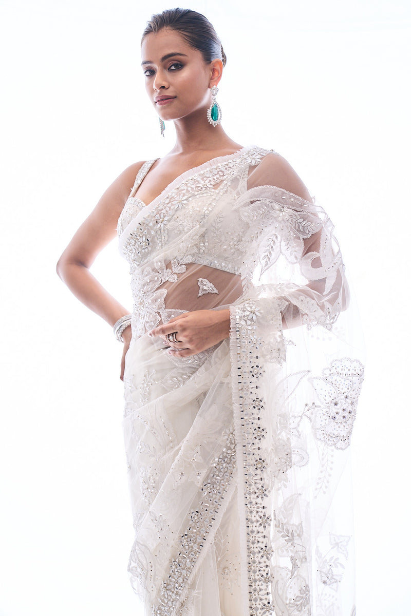 Ivory Applique Net Saree by Seema Gujral - Lotus Bloom Canada