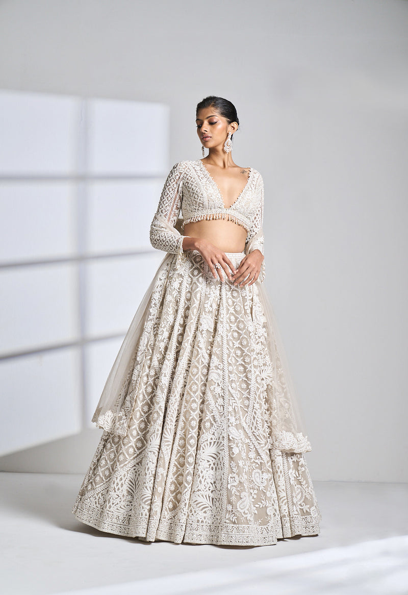 Nude cream abstract lehenga by Seema Gujral - Lotus Bloom Canada