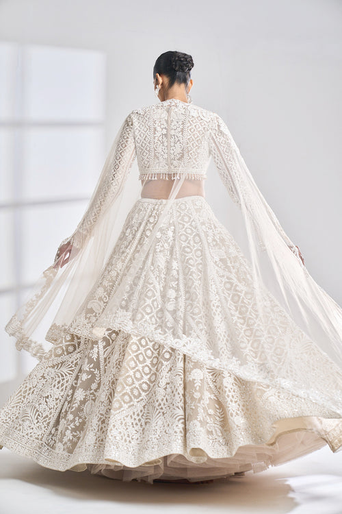 Nude cream abstract lehenga by Seema Gujral - Lotus Bloom Canada