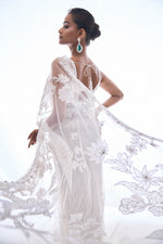 Ivory Applique Net Saree by Seema Gujral - Lotus Bloom Canada