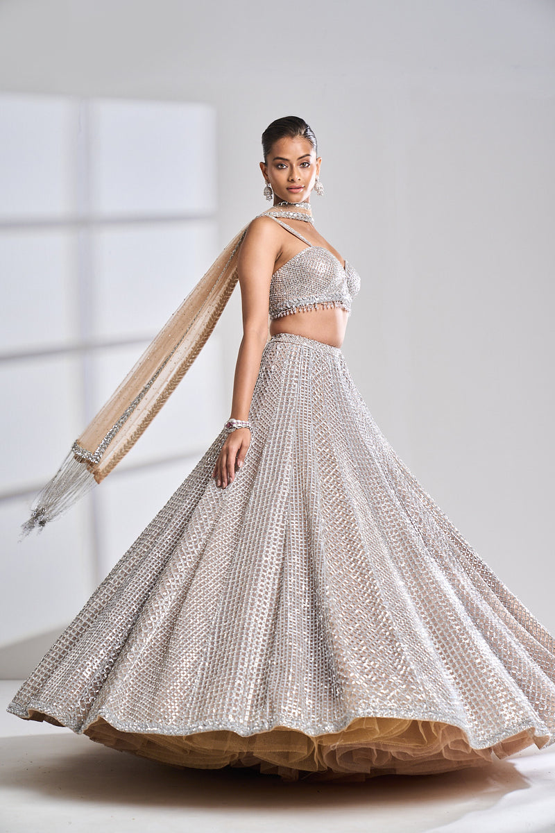 Coffee Silver Lehenga Set by Seema Gujral - Lotus Bloom Canada