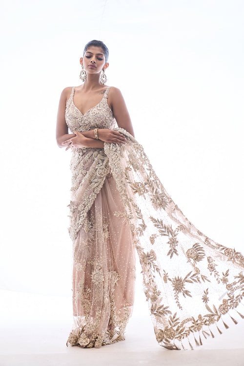 Nude Three-Dimensional Saree by Seema Gujral - Lotus Bloom Canada