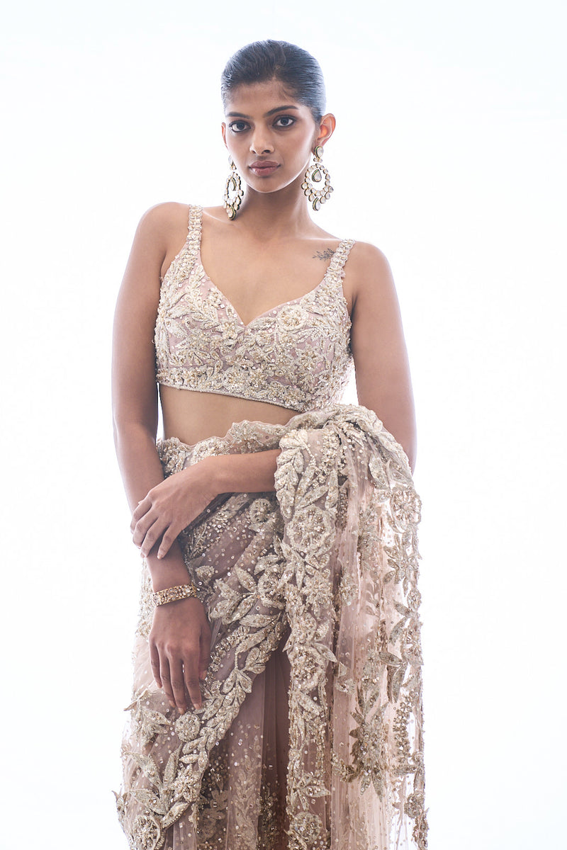 Nude Three-Dimensional Saree by Seema Gujral - Lotus Bloom Canada