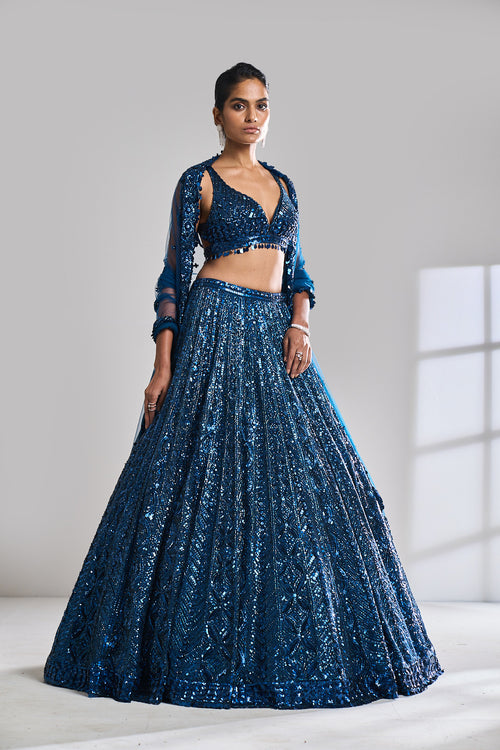 Persian Blue Sequin Lehenga Set by Seema Gujral - Lotus Bloom Canada