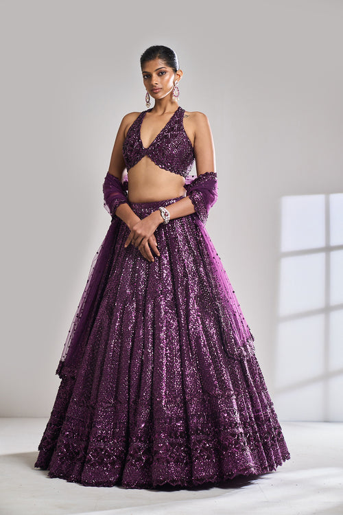 Burgundy Sequin Lehenga Set by Seema Gujral - Lotus Bloom Canada