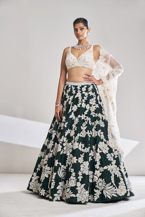 Bottle Green Pearl Lehenga Set by Seema Gujral - Lotus Bloom Canada