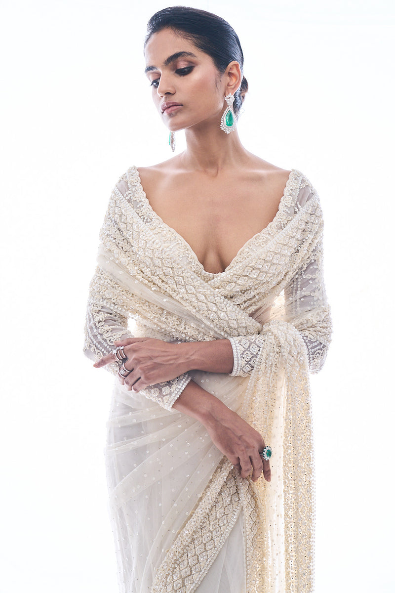 Ivory Sequin Saree by Seema Gujral - Lotus Bloom Canada