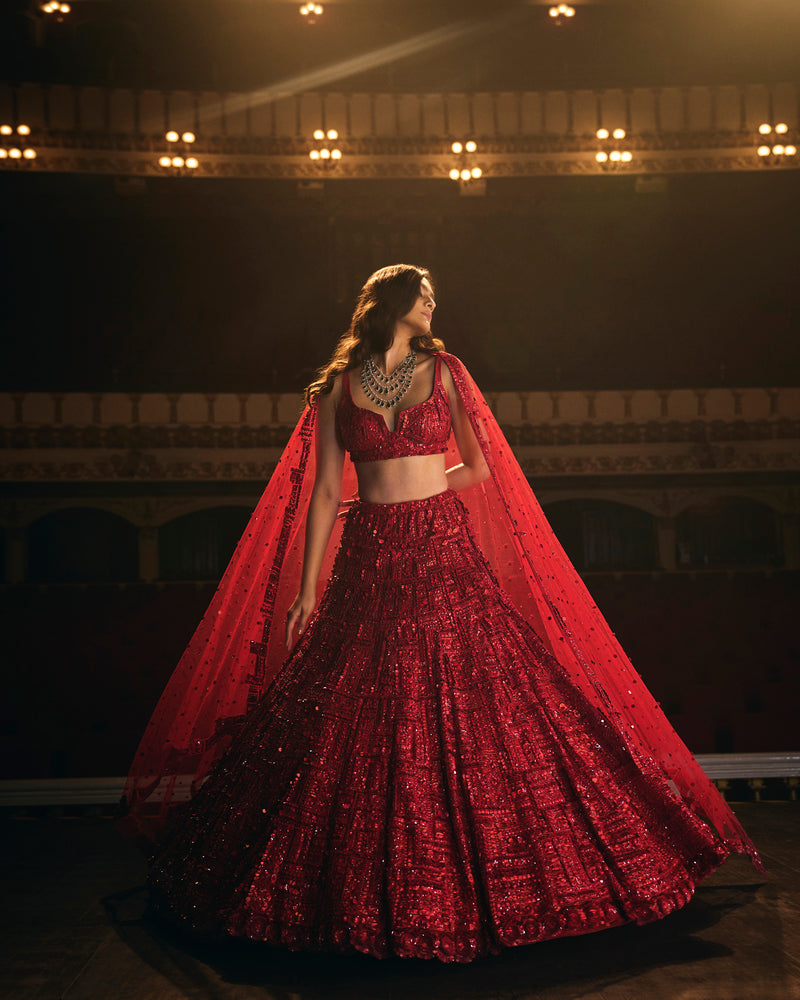 Red Tonal Sequin Lehenga Set