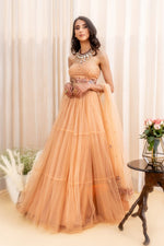 TULLE FLORAL EMBROIDERED CORSET WITH 3-TIERED CRYSTAL EMBELLISHED LEHENGA & EMBROIDERED BORDER DUPATTA