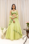 ORGANZA FLORAL BELT LEHENGA WITH FLORAL EMBROIDERED CUTWORK V-HEM BLOUSE & ORGANZA EMBROIDRED DUPATTA