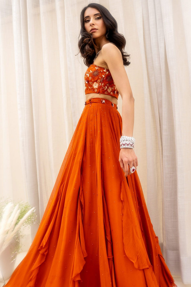 CRYSTAL EMBELLISHED HIGH WAIST FRILLS PANELLED LEHENGA