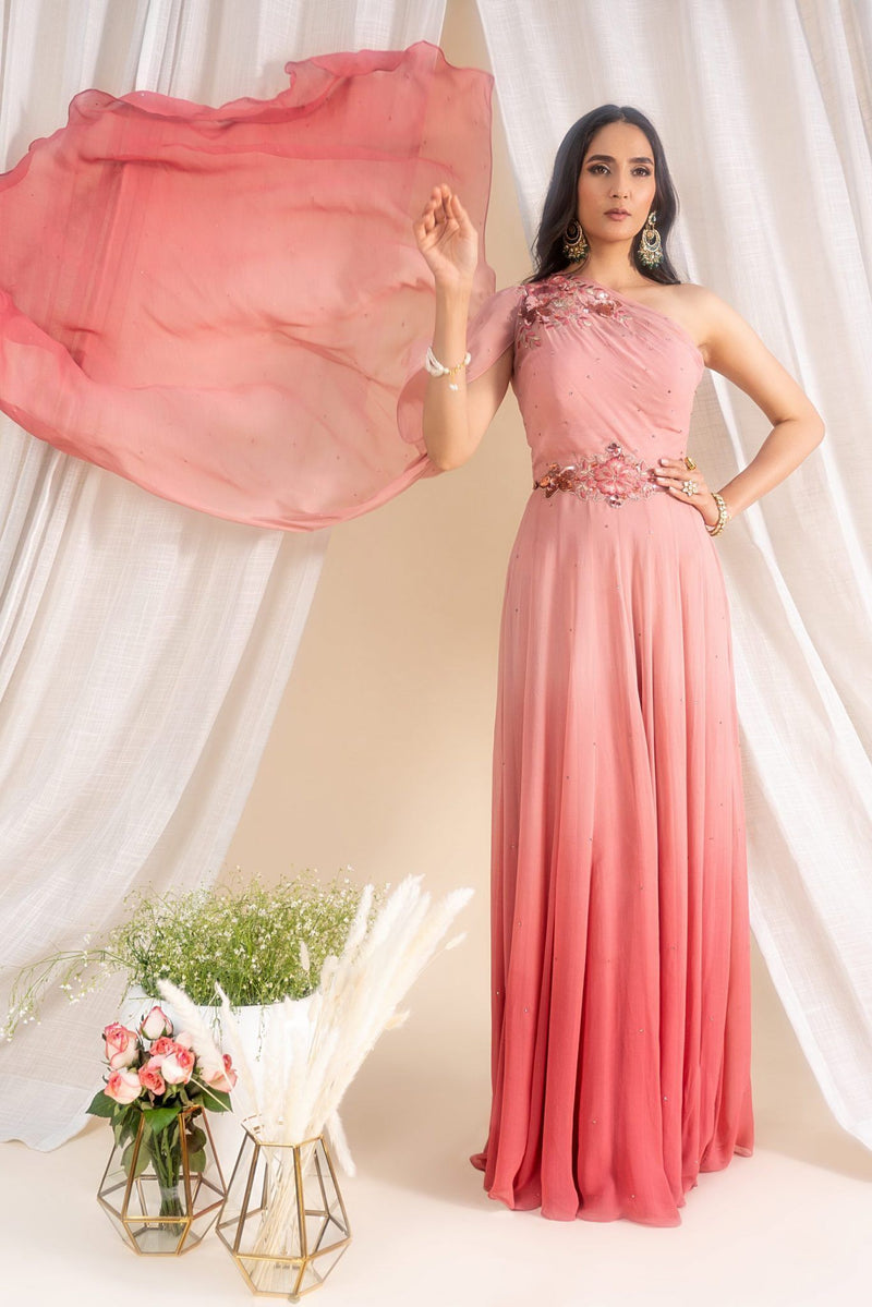 GEORGETTE 1-SHOULDER FLORAL EMBROIDERED & CRYSTAL EMBELLISHED OMBRE GOWN WITH SHOULDER DRAPE