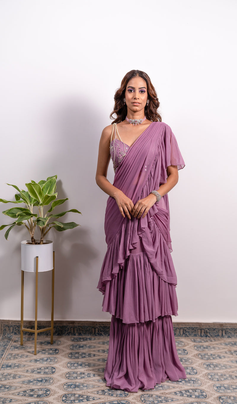 FRILL PRE-DRAPED SAREE WITH PEARL STRAP EMBROIDERED BLOUSE