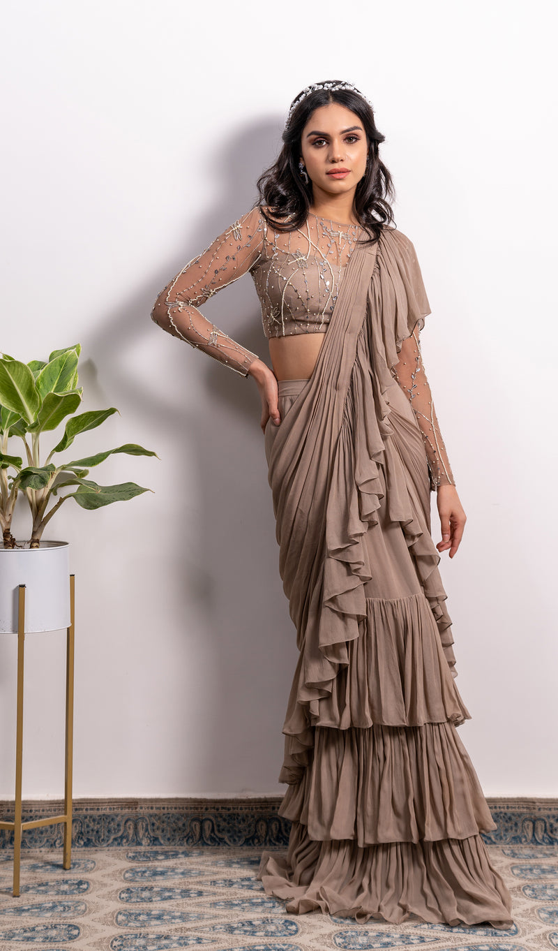 FRILL PRE-DRAPED SAREE WITH EMBROIDERED BLOUSE