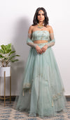 OFF-SHOULDER EMBROIDERED BLOUSE WITH PEARL TASSELED LEHENGA AND DUPATTA