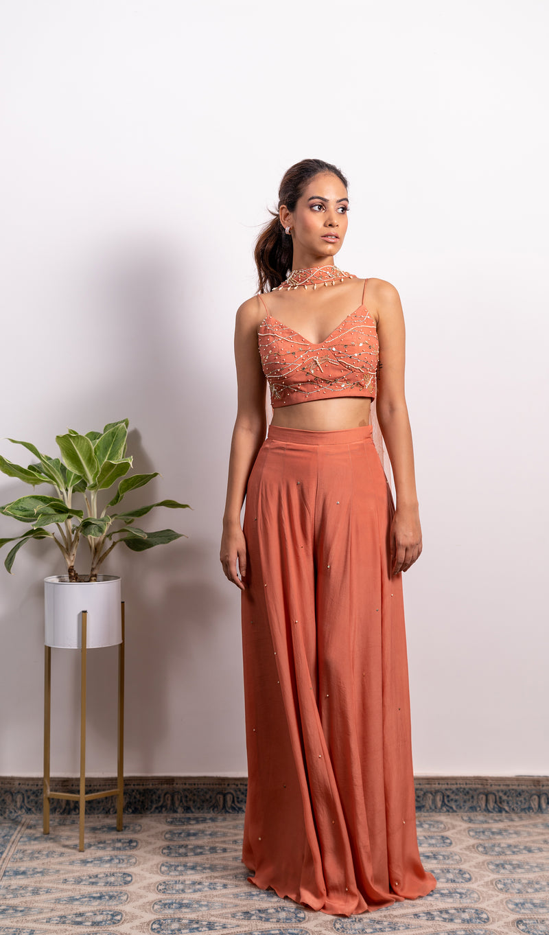 EMBROIDERED BUSTIER WITH HIGH WAISTED EMBELLISHED PALLAZO AND CHOKER DUPATTA