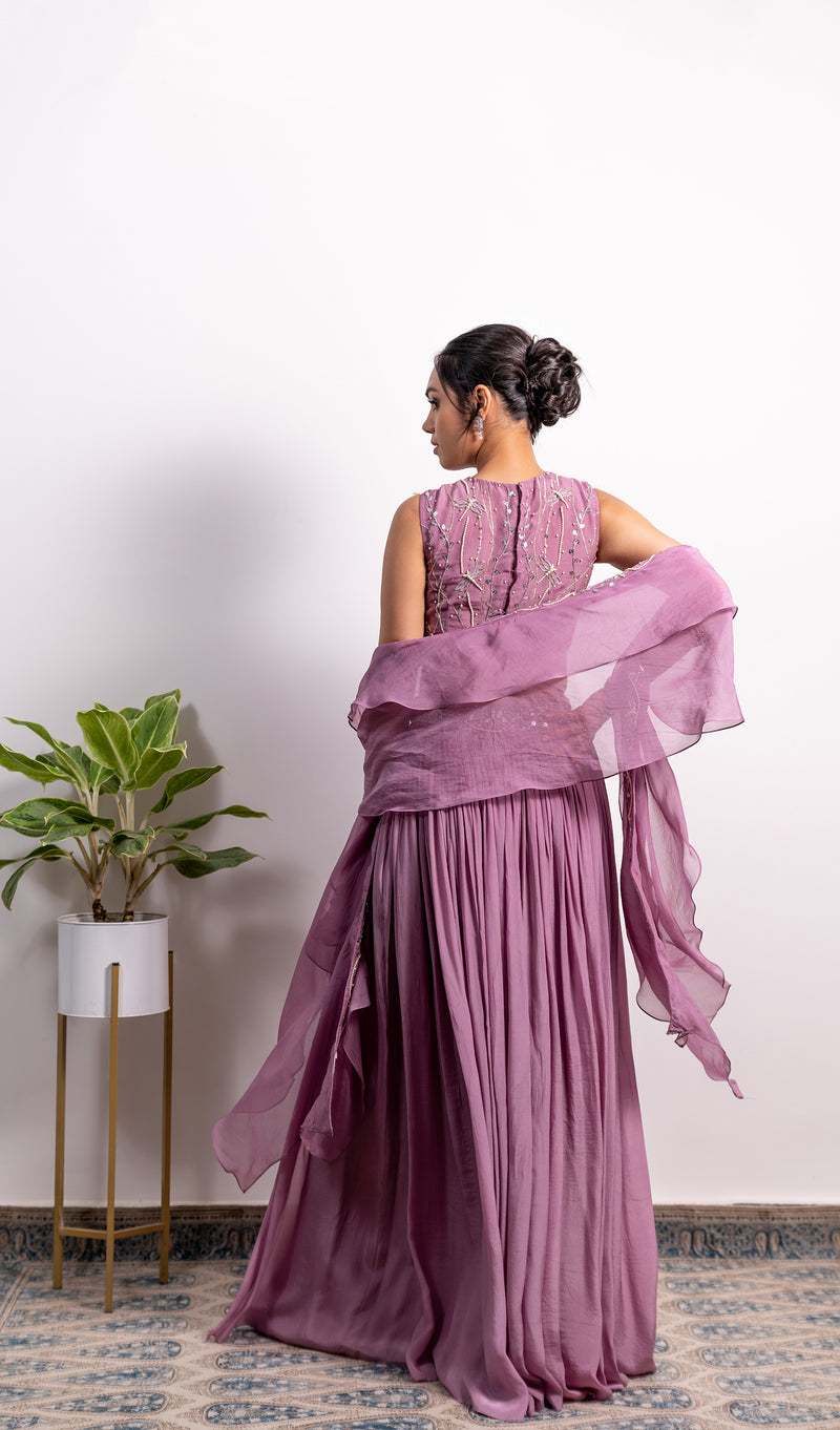 EMBROIDERED BLOUSE WITH HIGH SLIT LEHENGA AND FRILL DUPATTA ( WITHOUT SLIT AVAILABLE)