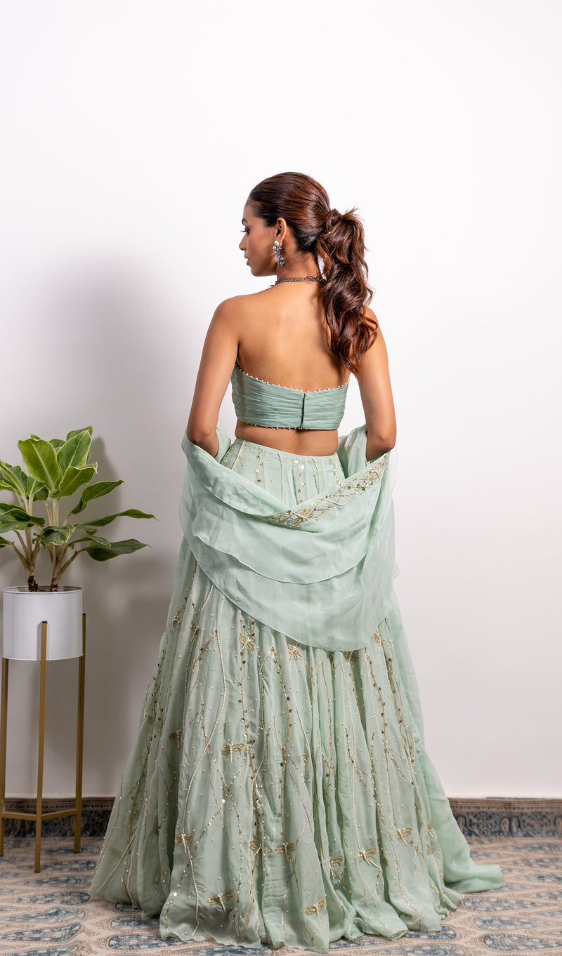 ORGANZA RUCHHED BUSTIER WITH EMBROIDERED HIGH WAIST LEHENGA AND FRILL DUPATTA (STRAPS CAN BE ADDED)