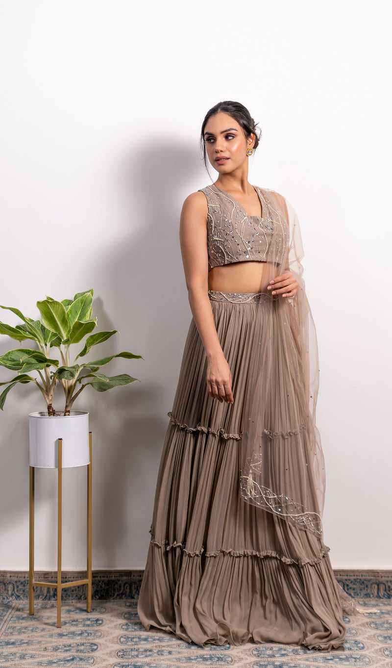 GLASS NECKLINE EMBROIDERED BLOUSE WITH 3-TIERED LEHENGA AND DUPATTA