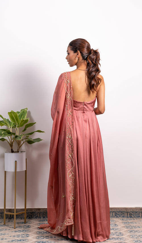 HIGH SLIT COWL NECK ANARKALI WITH EMBROIDERED DUPATTA (WITHOUT SLIT AVAILABLE)