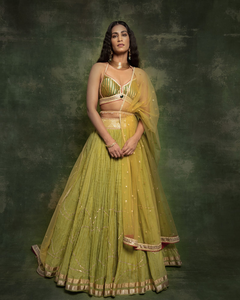 Green Chanderi Crinkle Lehenga Set