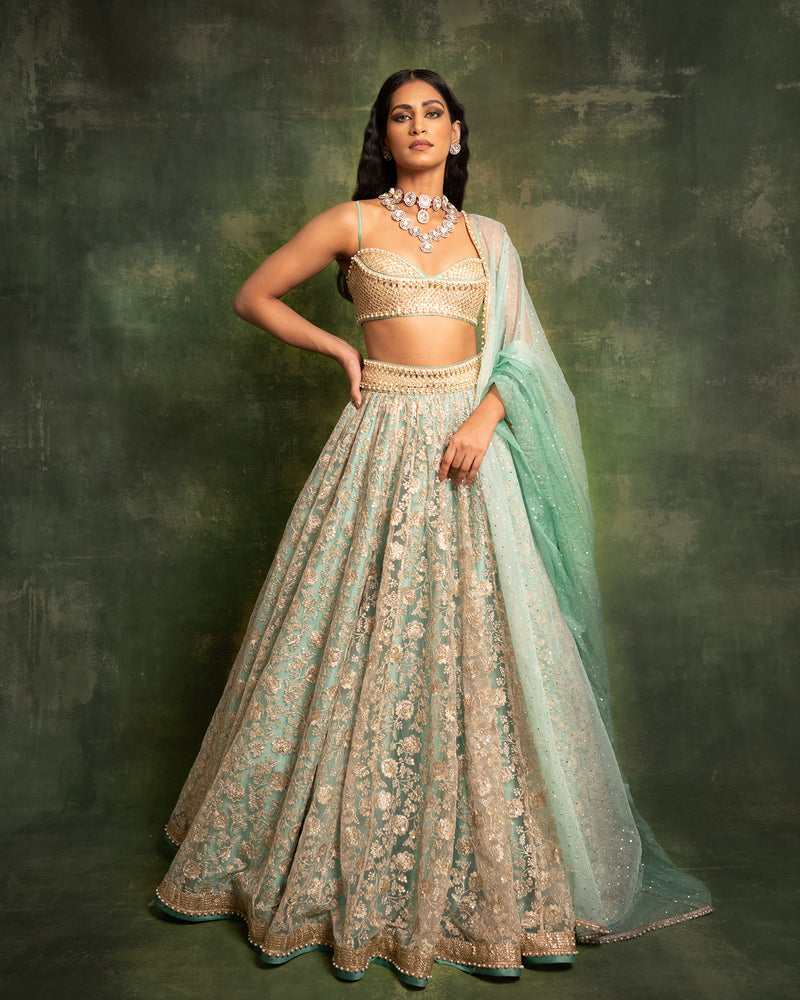 Jade and gold embroidered tulle lehenga