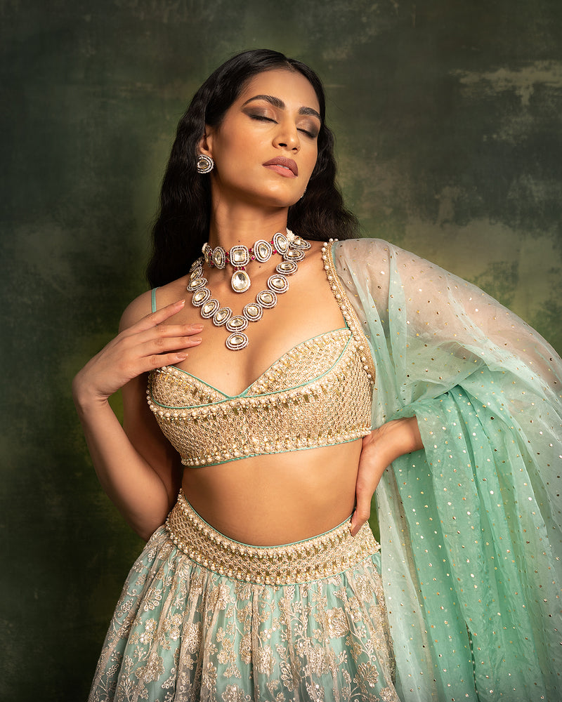 Jade and gold embroidered tulle lehenga