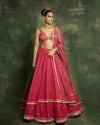 Coral Raw Silk Mirror Embroidered Lehenga Set