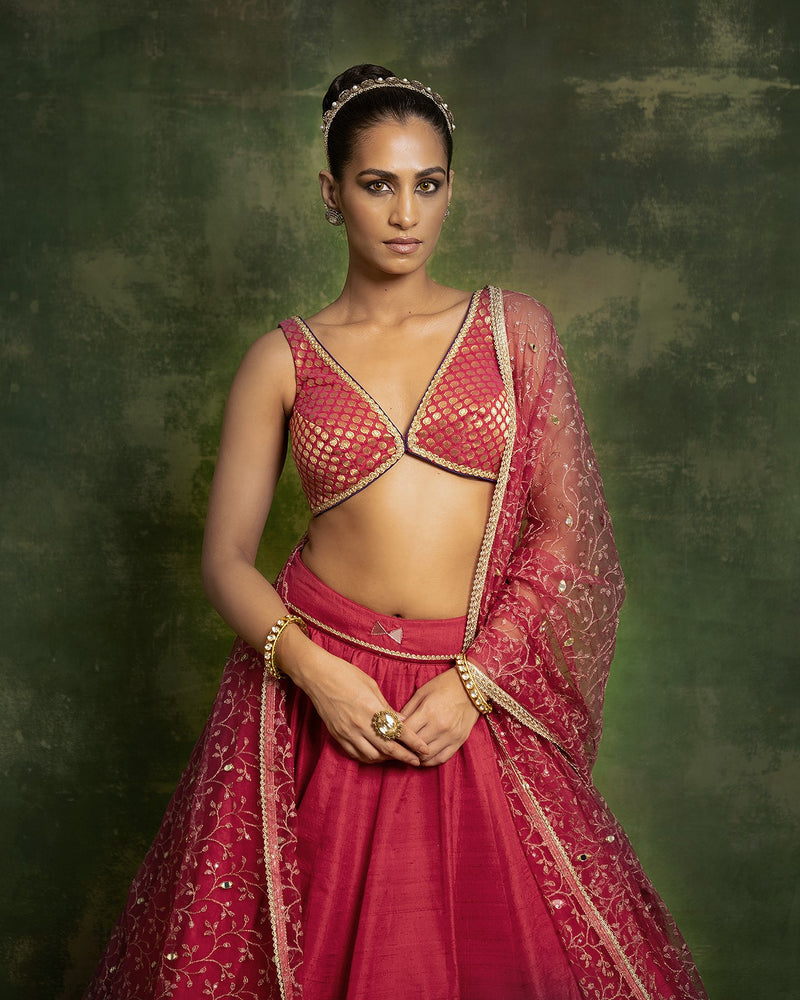 Coral Raw Silk Mirror Embroidered Lehenga Set