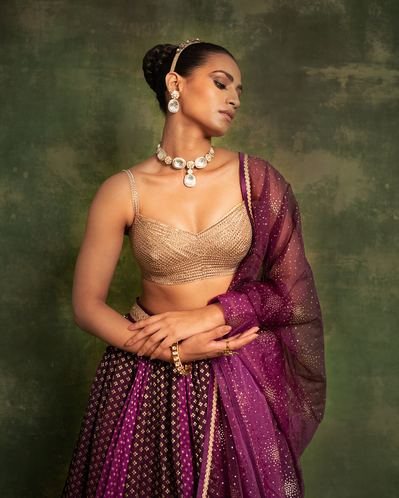 Purple Brocade Lehenga With Mirror Embroidery