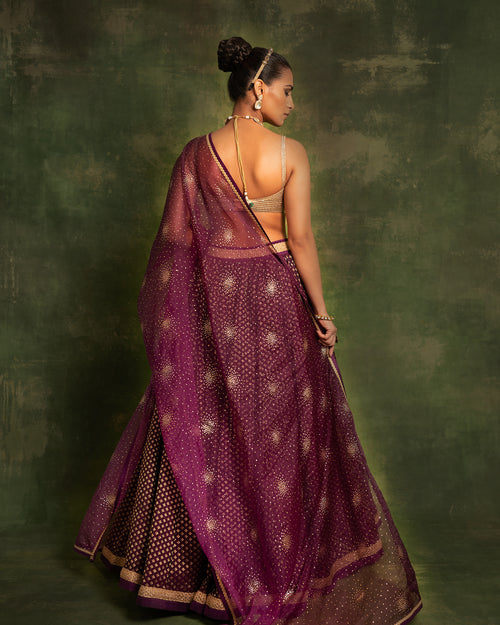 Purple Brocade Lehenga With Mirror Embroidery