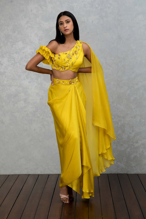 Citrine yellow draped top and skirt set