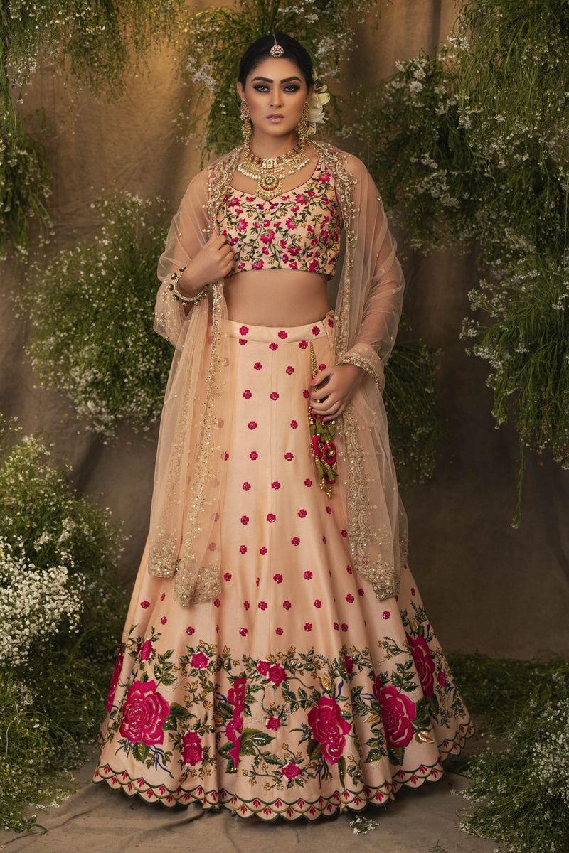 PEACH FLORAL EMBROIDERED LEHENGA SET