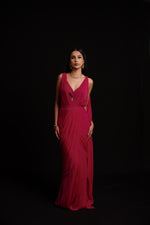 Fuchsia Pink Pre-stitched Georgette Saree with Orbit Print Velvet Bra Top