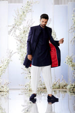 Midnight Blue Sherwani Set by Seema Gujral at Lotus Bloom Canada. 