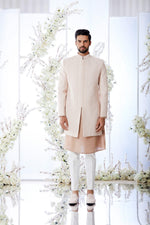 Salmon Short Sherwani Set by Seema Gujral at Lotus Bloom Canada. 